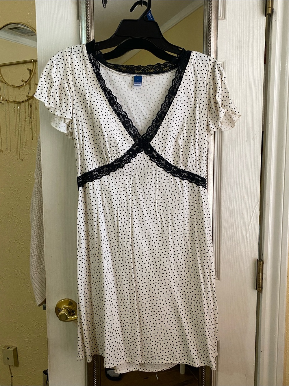 Old Navy White Polka Dot Dress with Black Lace Trim